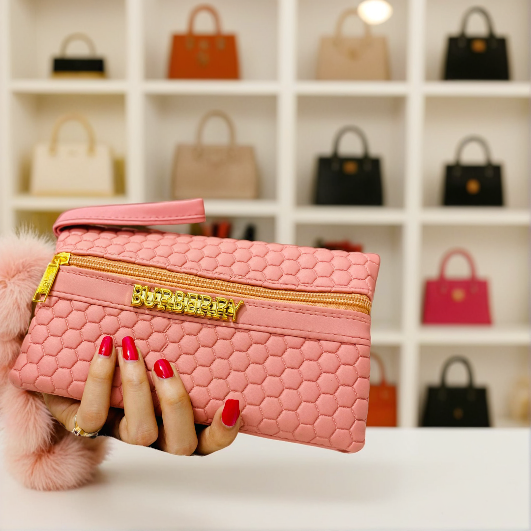 Burberry Pink Quilted Wristlet Clutch Honeycomb Texture